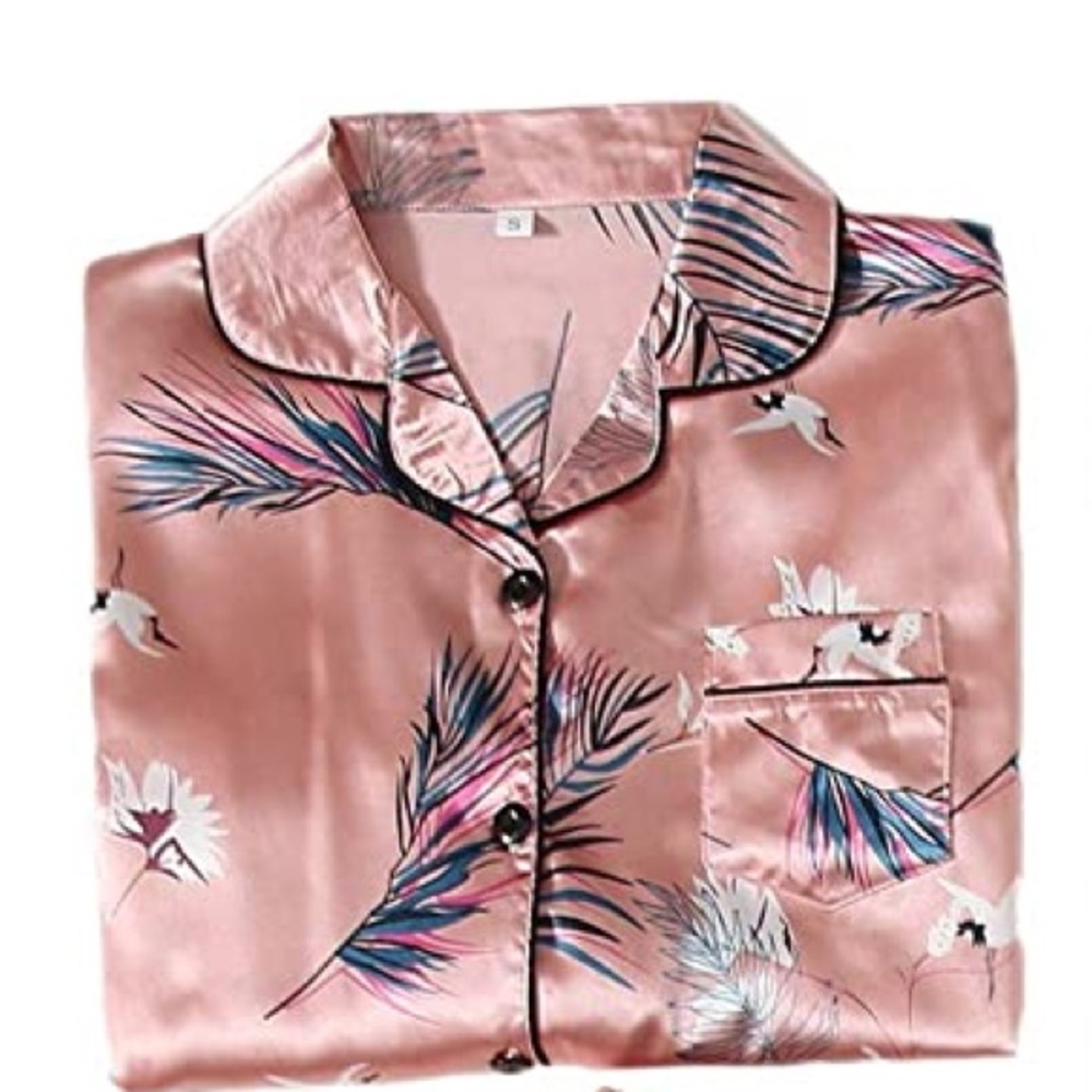 3 Piece Set Pink Silky Crane Graphic Print Pajamas with Travel Bag Shein - Picture 7 of 12